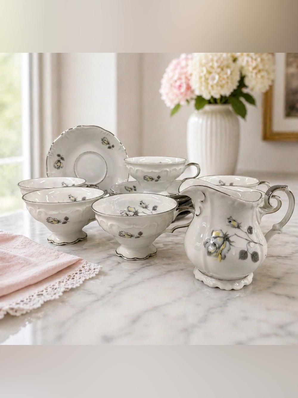 Edelstein Bavaria Maria-Theresia Tea Set 11 Pc Cups Saucers Germany Vintage